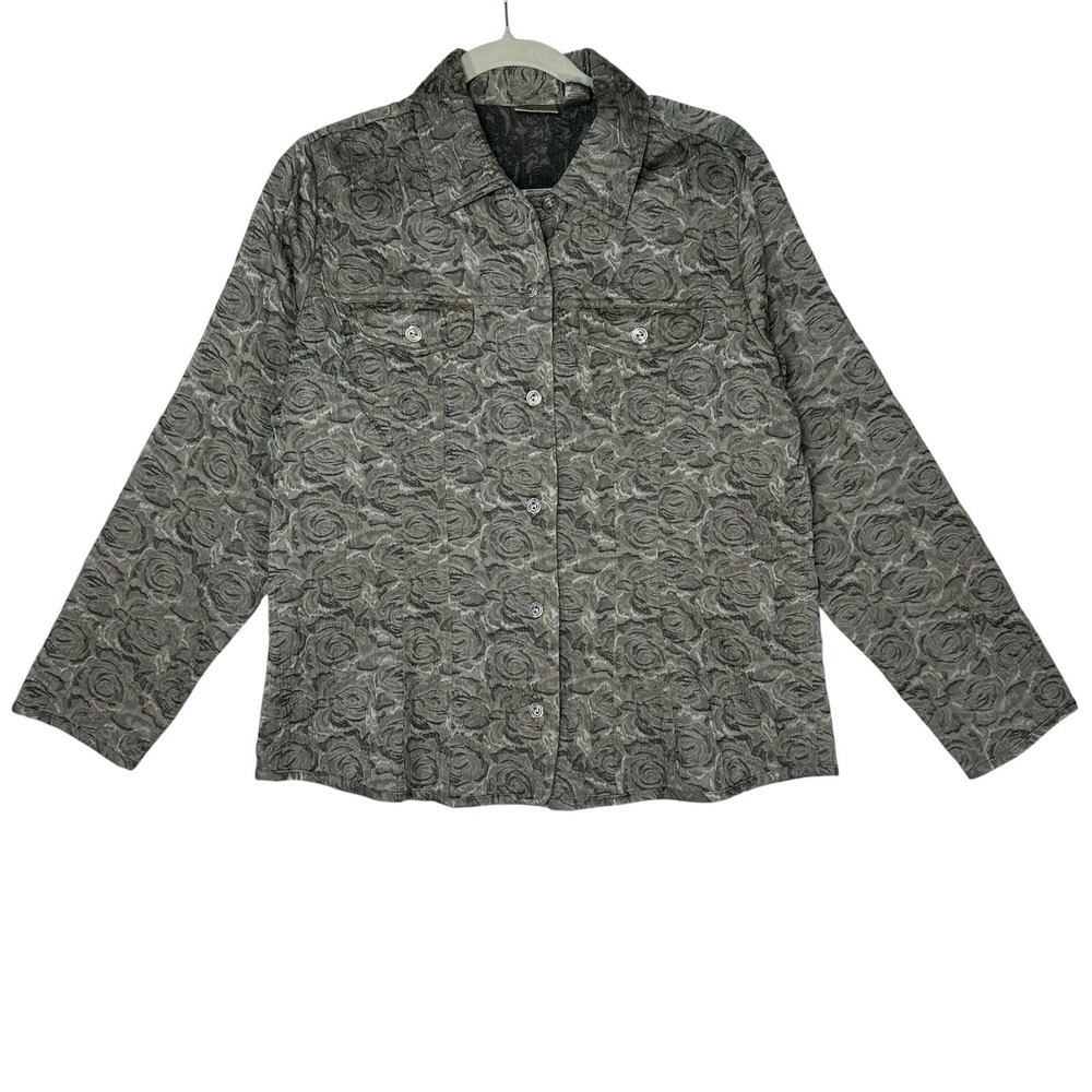 Chico's Rose Floral Jacquard Jacket 2 L Tapestry Button Up Grey Eclectic Grandpa
